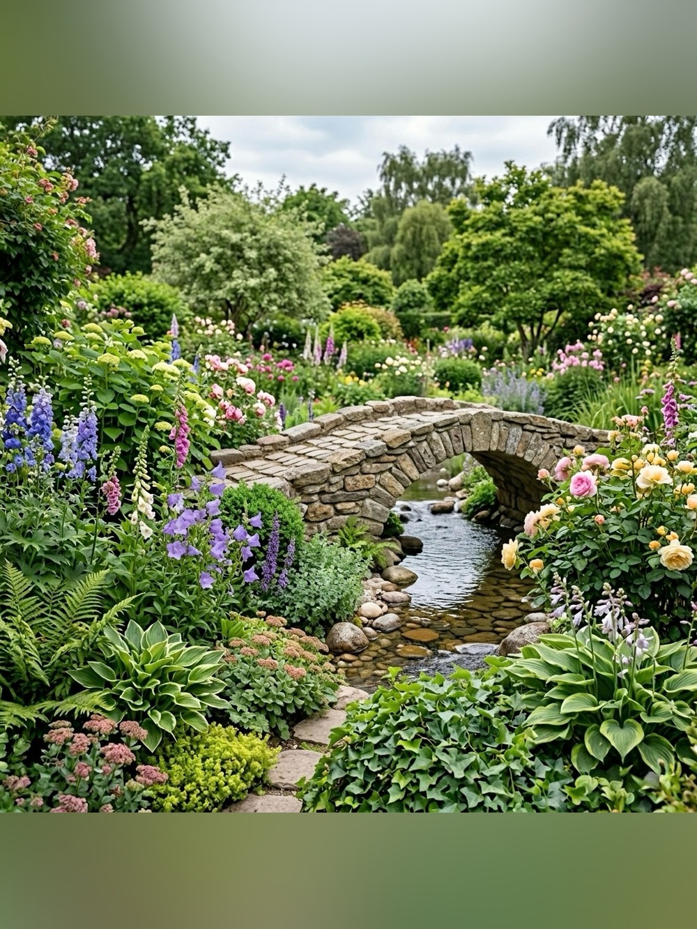 Stone Garden Bridge with Lush Greenery and Pastel Blooms